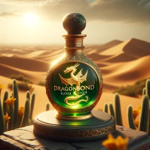 Close-up of DragonBond Elixir bottle on a Sahara pedestal, enriched with Elenfaloth
