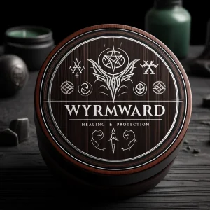 WyrmWard Salve’s packaging featuring dark wood and silver engravings
