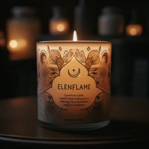 Elenflame Candle glowing softly in a dim room, showcasing Sahara-inspired designs