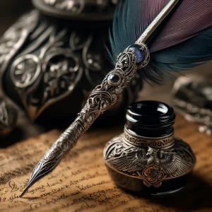 Close-up of MysticFeather Quill's tip dipping into magic-infused ink