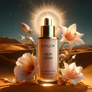 ElenGlow Skin Elixir set against Sahara's luminous flowers, showcasing Elenfaloth's essence