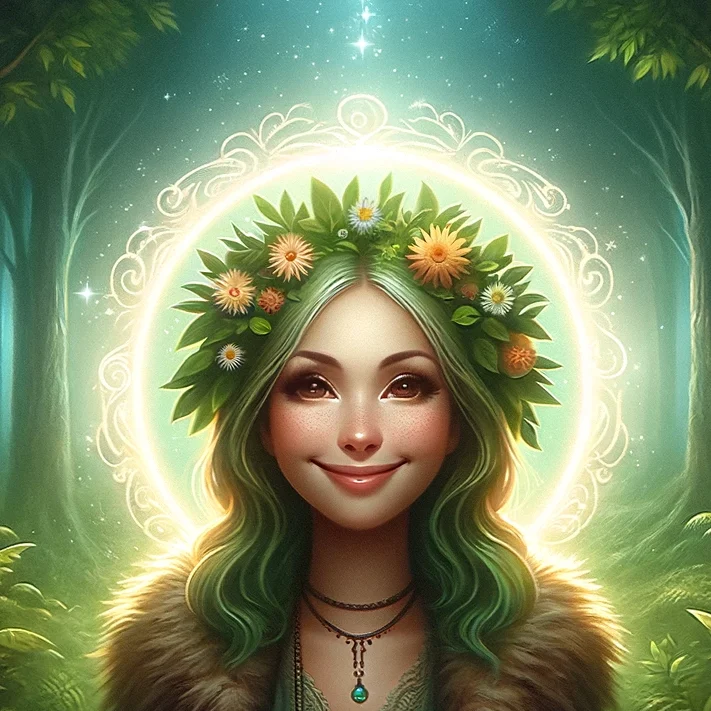 Young beautiful woman in an enchanted forest, embodying satisfaction with Elenfaloth Essence products