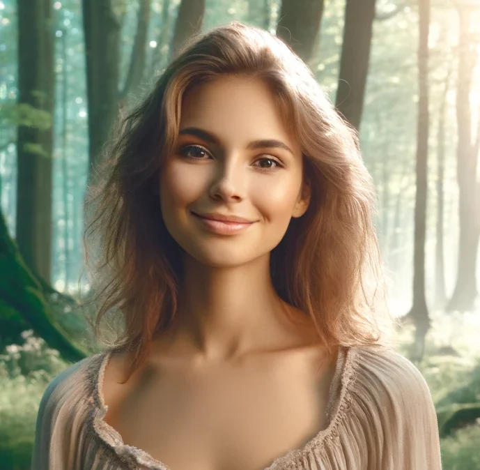 Young woman in an enchanted forest, embodying satisfaction with Elenfaloth Essence products